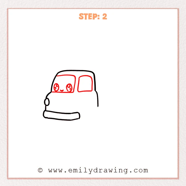 how to draw a dump truck - Step 2 adds the dump truck’s front windshield and side window, plus big eyes and a smiling mouth inside the windshield.